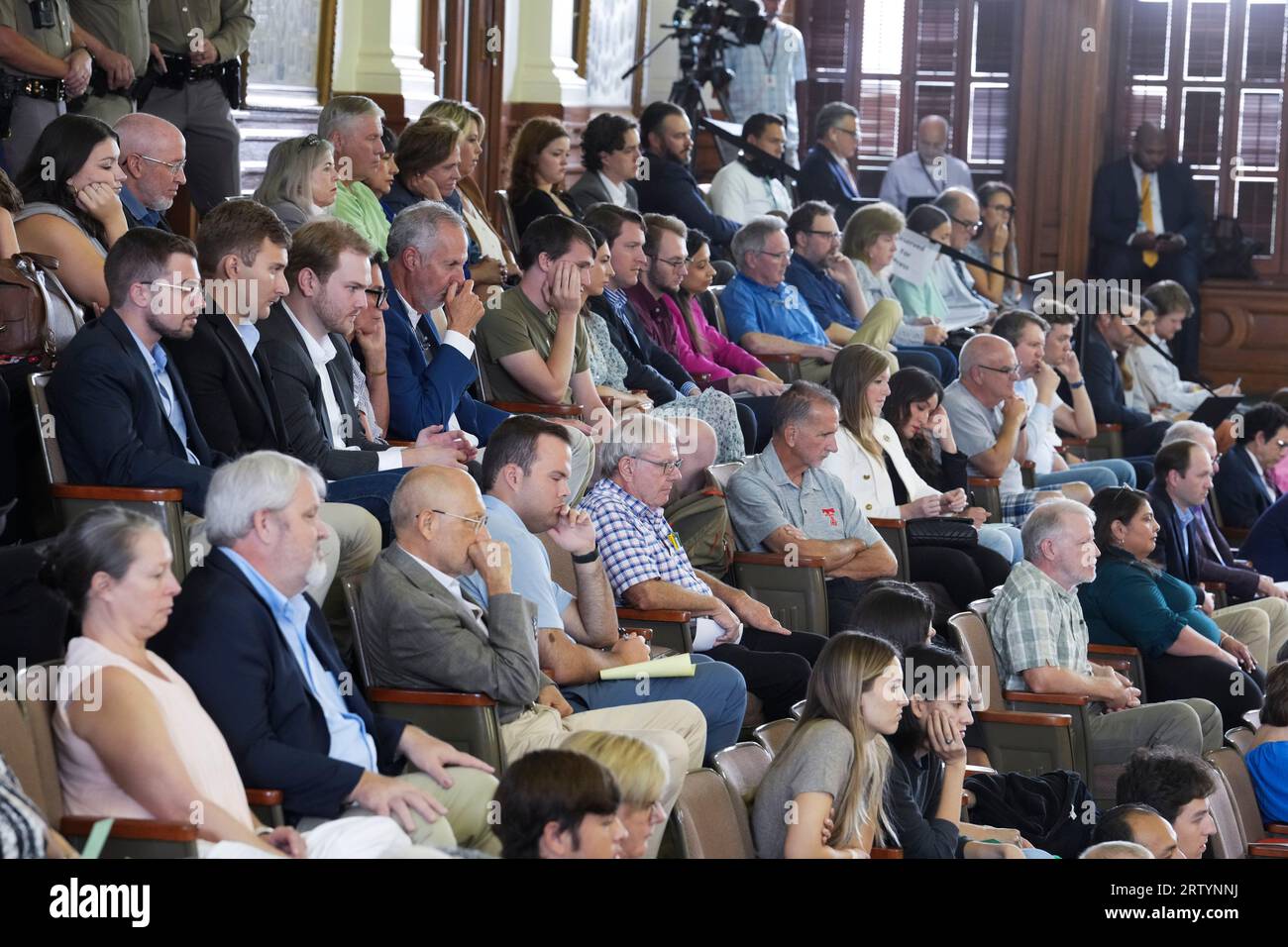 Austin, United States. 15th Sep, 2023. Members of the public listen from the Senate gallery during final arguments as both sides have rested in Texas Attorney General Ken Paxton's impeachment trial in the Texas Senate on September 15, 2023. The jury is deliberating the charges late Friday afternoon. Credit: Bob Daemmrich/Alamy Live News Stock Photo