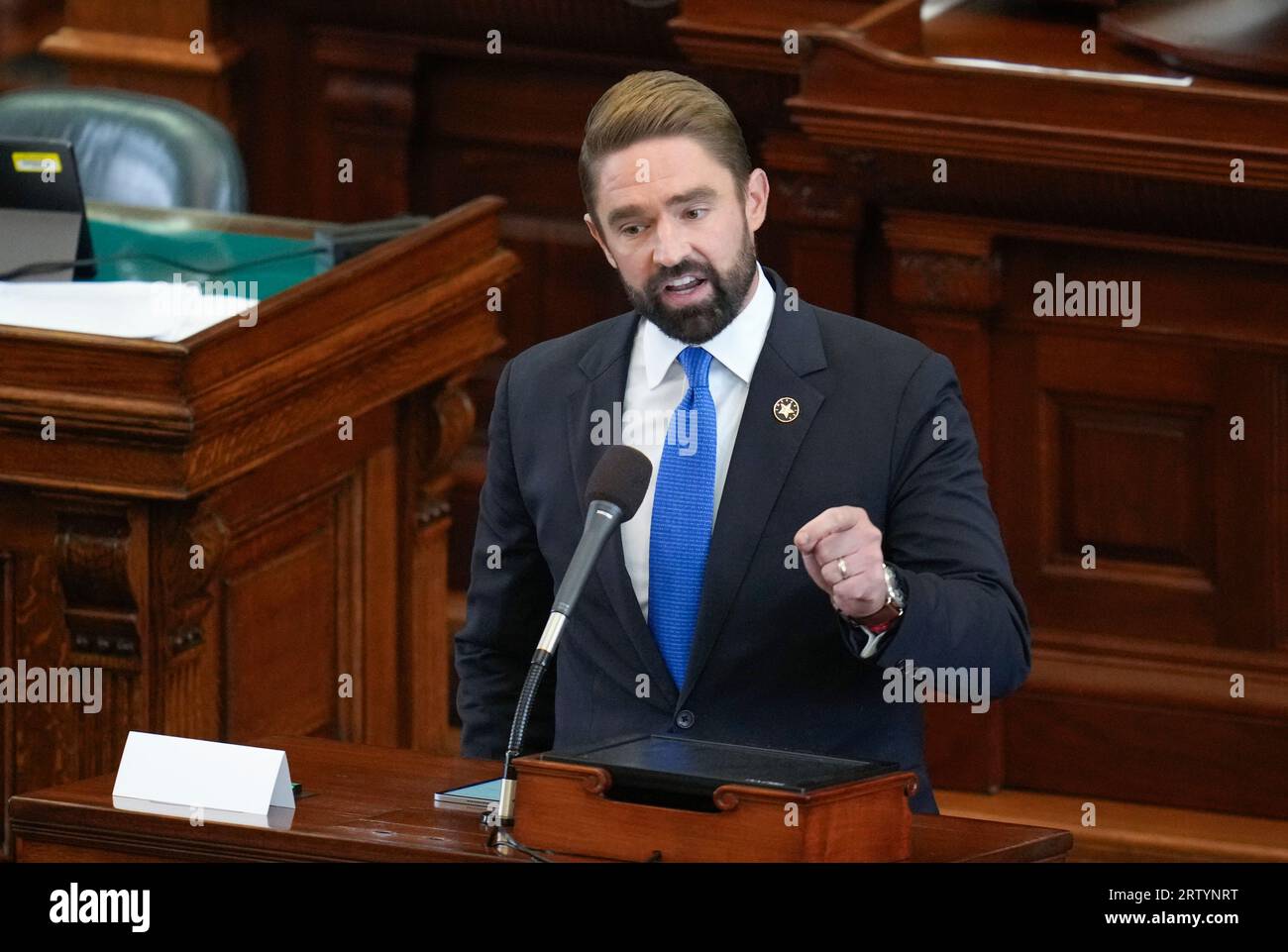 State Rep. JEFF LEACH, R-Allen, makes an impassioned speech for the prosecution during final arguments in Texas Attorney General Ken Paxton's impeachment trial in the Texas Senate on September 15, 2023. The jury is deliberating the charges late Friday afternoon. Credit: Bob Daemmrich/Alamy Live News Stock Photo