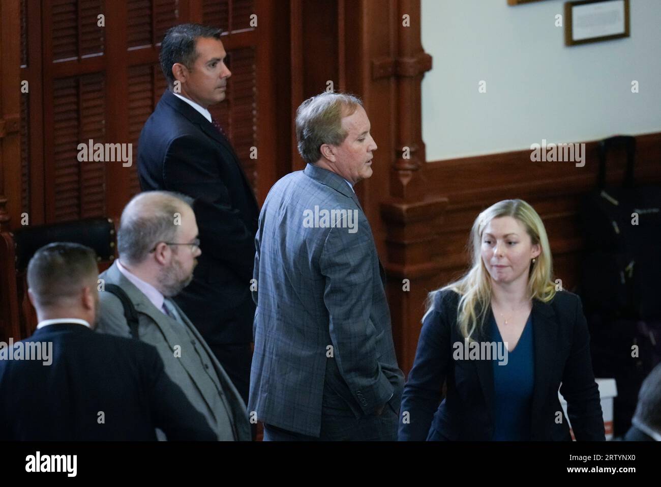 Suspended attorney general KEN PAXTON, leaves the Senate chamber as the charges go to the jury in Texas Attorney General Ken Paxton's impeachment trial in the Texas Senate on September 15, 2023. The jury is deliberating the charges late Friday afternoon. Credit: Bob Daemmrich/Alamy Live News Stock Photo