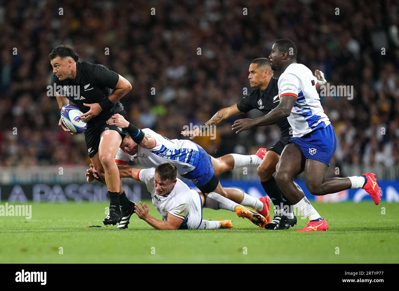 New Zealand's David Havili evades a tackle from Namibia's Tiaan Swanepoel  during the Rugby World Cup 2023, Pool A match at the Stade de Toulouse,  France. Picture date: Friday September 15, 2023