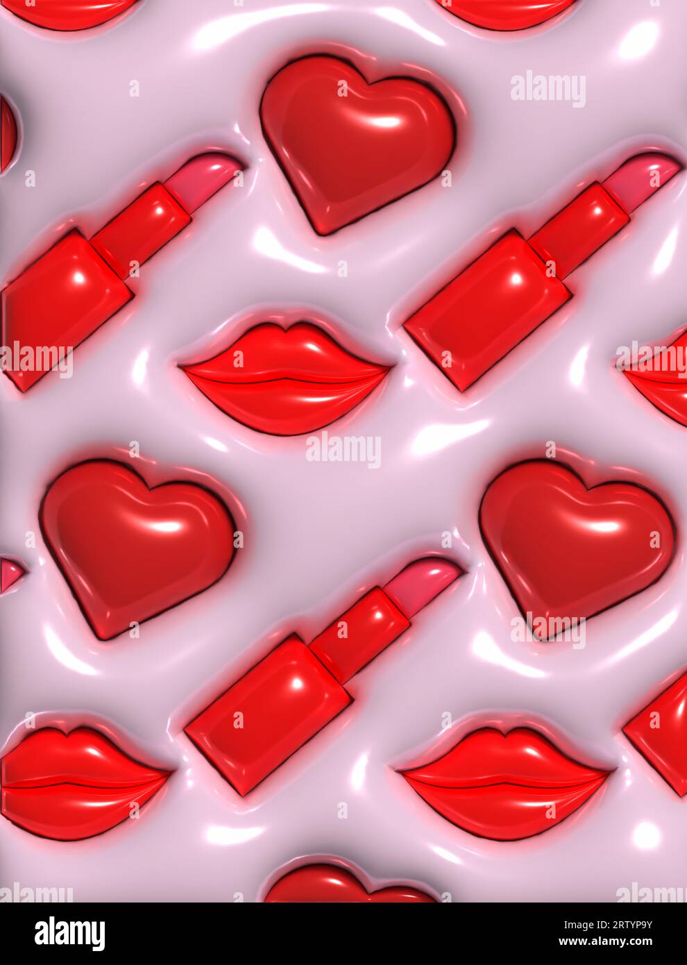 Lipstick, heart and lips on pink background, 3D rendering illustration