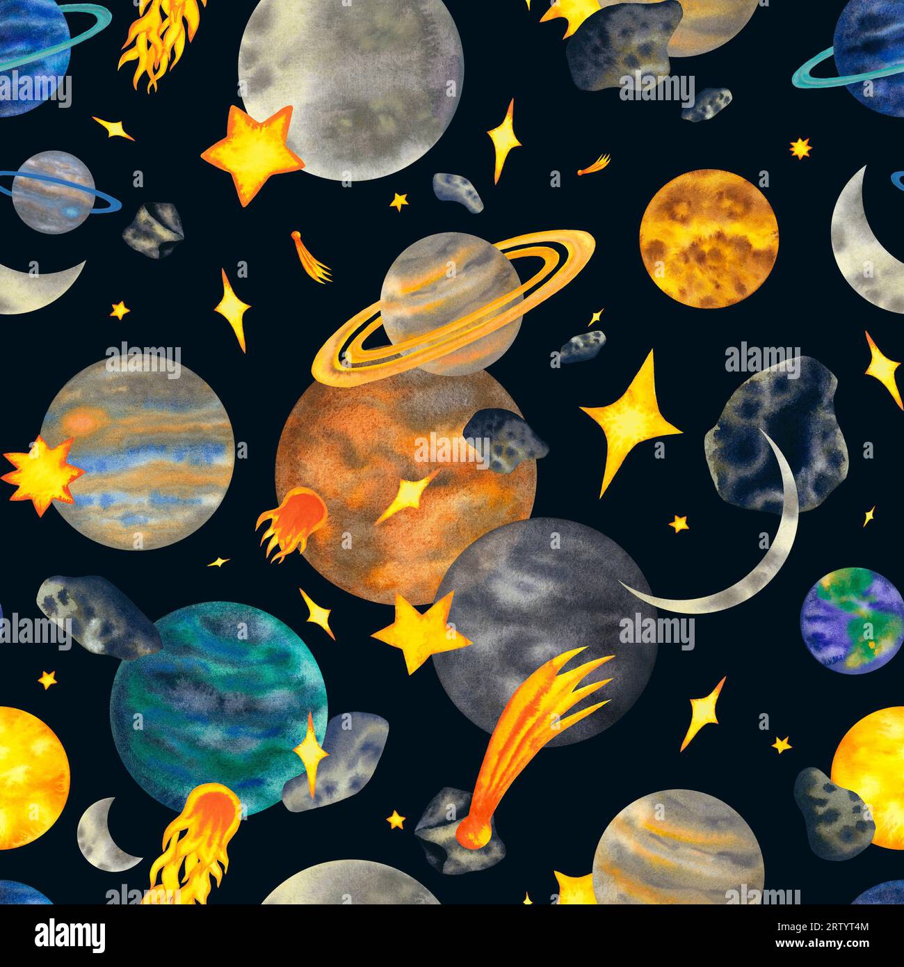 Watercolor Seamless Pattern With Planets Of The Solar System Mercury Venus Earth Mars