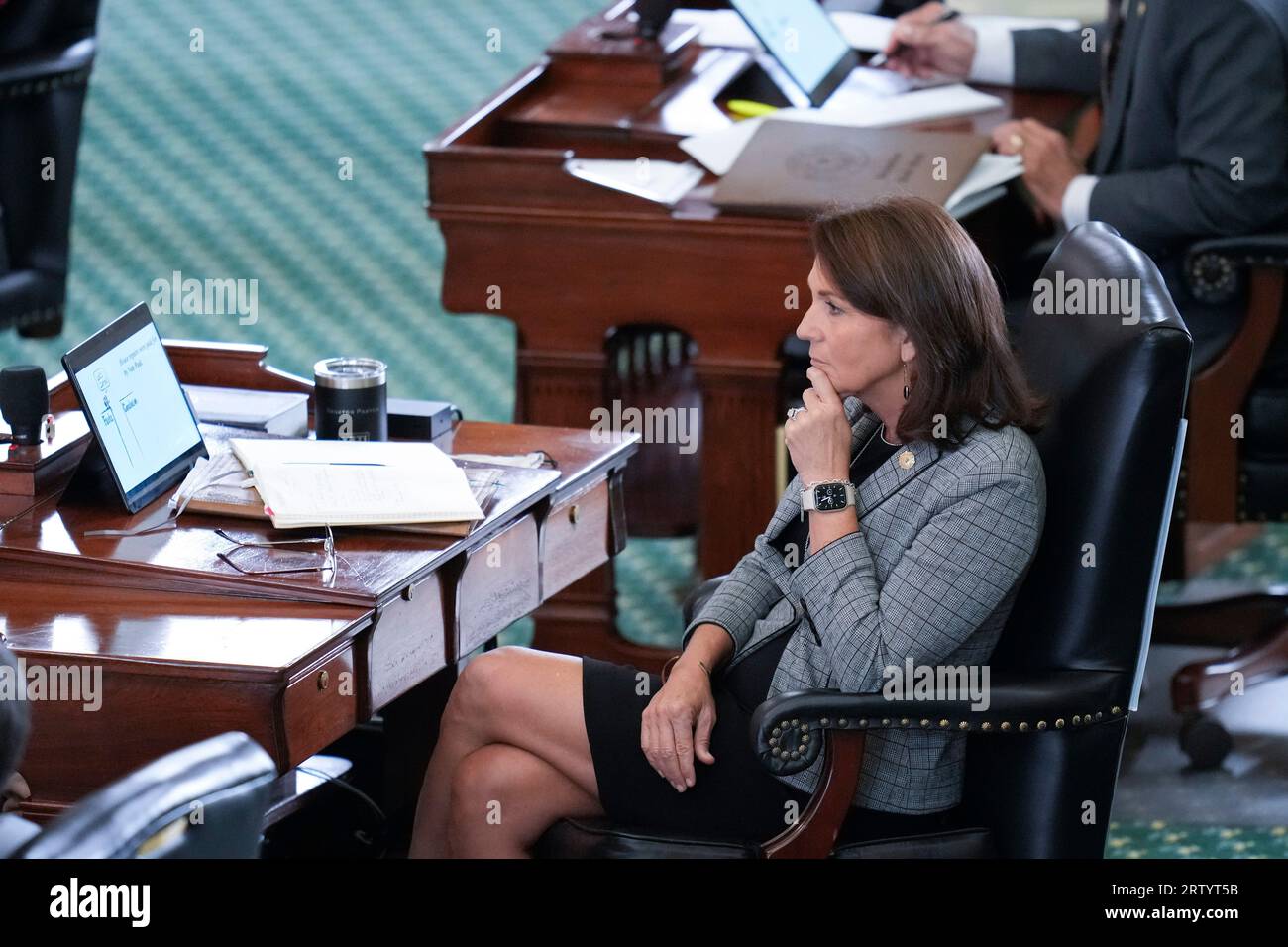 Austin, TX, USA. 15th Sep, 2023. State Sen. ANGELA PAXTON listens to final arguments as both sides have rested in Texas Attorney General Ken Paxton's impeachment trial in the Texas Senate on September 15, 2023. The jury is deliberating the charges late Friday afternoon. (Credit Image: © Bob Daemmrich/ZUMA Press Wire) EDITORIAL USAGE ONLY! Not for Commercial USAGE! Stock Photo