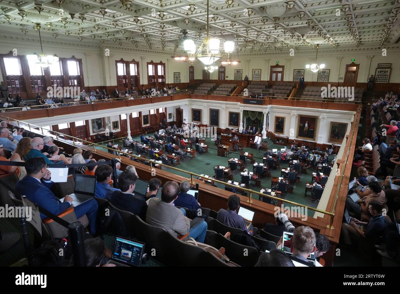 Austin, TX, USA. 15th Sep, 2023. Final arguments are delivered as the press watches from the gallery as both sides have rested in Texas Attorney General Ken Paxton's impeachment trial in the Texas Senate on September 15, 2023. The jury is deliberating the charges late Friday afternoon. (Credit Image: © Bob Daemmrich/ZUMA Press Wire) EDITORIAL USAGE ONLY! Not for Commercial USAGE! Stock Photo