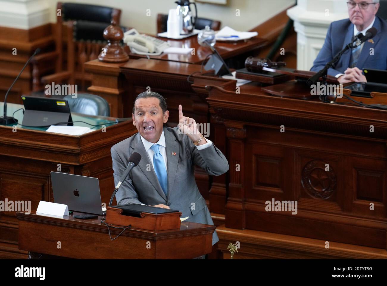 Austin, TX, USA. 15th Sep, 2023. TONY BUZBEE give final arguments as both sides have rested in Texas Attorney General Ken Paxton's impeachment trial in the Texas Senate on September 15, 2023. The jury is deliberating the charges late Friday afternoon. (Credit Image: © Bob Daemmrich/ZUMA Press Wire) EDITORIAL USAGE ONLY! Not for Commercial USAGE! Stock Photo