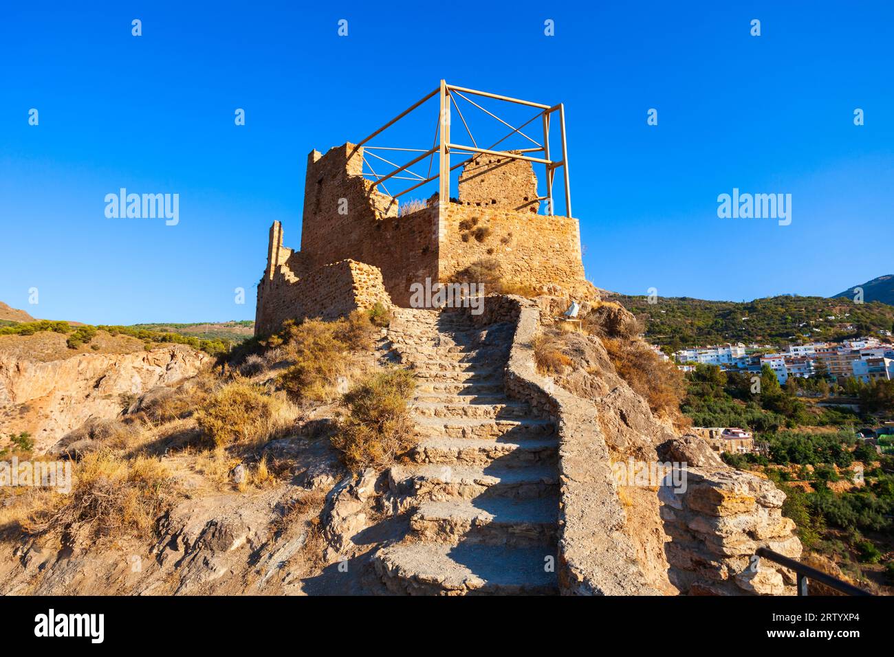 Lanjaron Castle or Castillo de los Moros is a small medieval fortress in Lanjaron town in the Alpujarras area in the province of Granada in Andalusia, Stock Photo