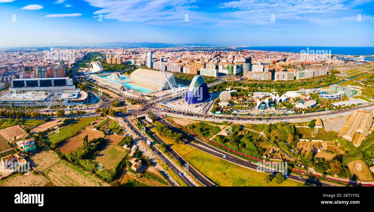 Valencia, Spain - October 15, 2021: The City of Arts and Sciences or Ciudad de las Artes y las Ciencias aerial panoramic view. It is a cultural and ar Stock Photo