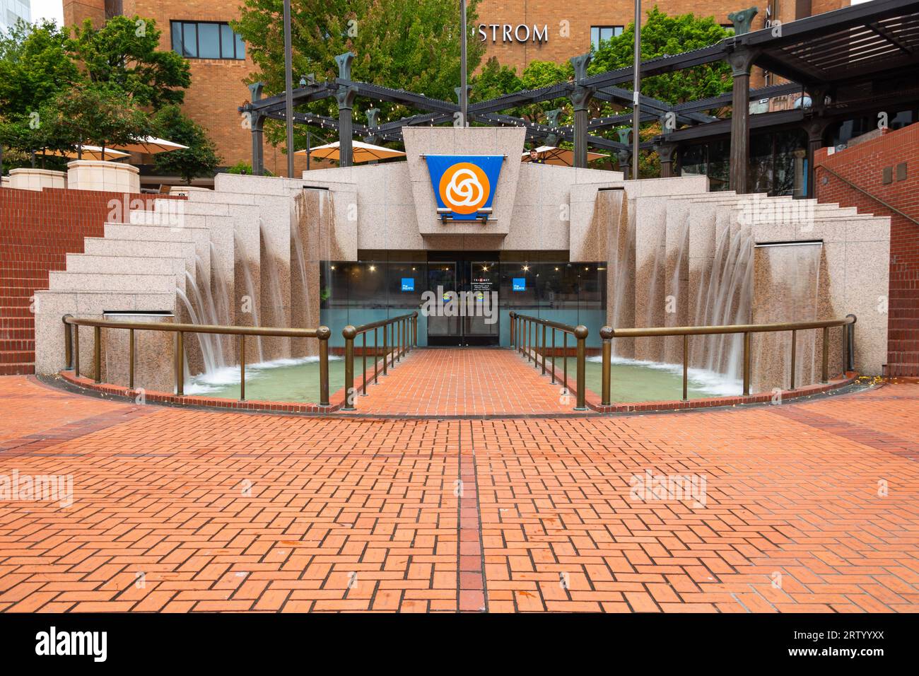 Entrance to the Trimet office and fountains in Pioneer Courthouse Square in downtown Portland Oregon Stock Photo