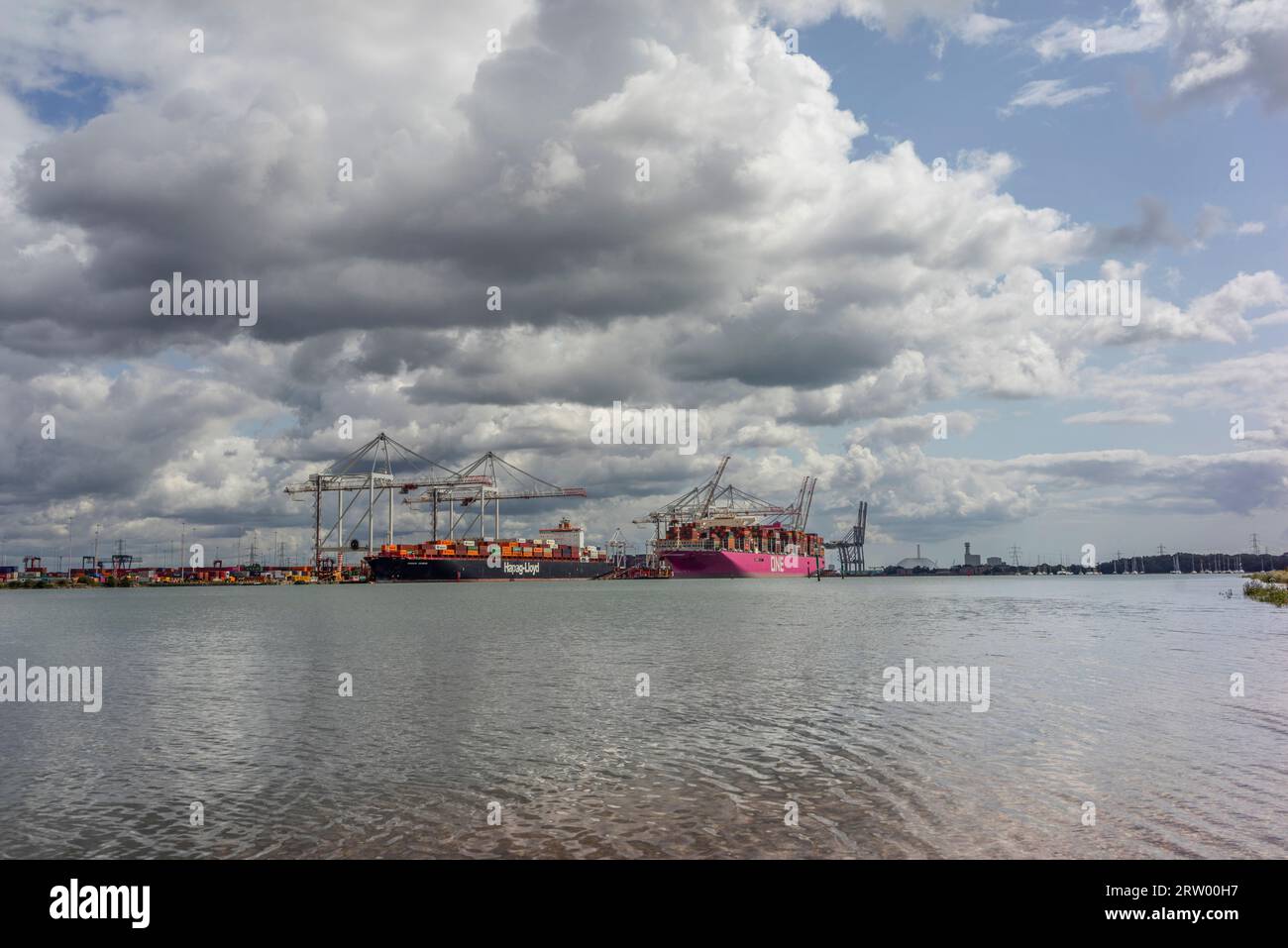 View over the River Test to Southampton port/ docks, , Eling, Hampshire, England, UK Stock Photo