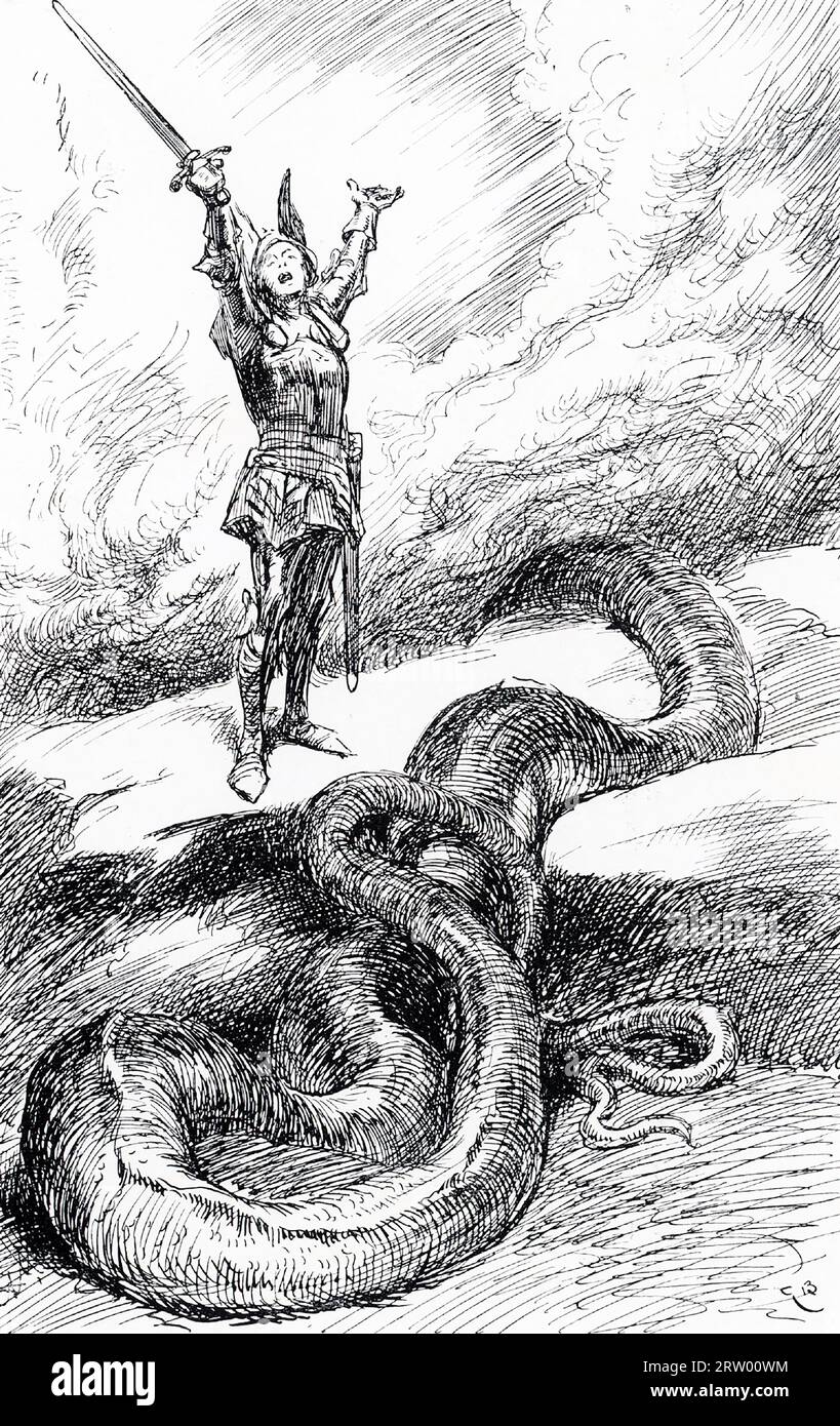 The early 1900s caption reads: Sigurd stood with his sowrd uplifted—the serpent Fafnir was dead.' Sigurd or Siegfried is a legendary hero of Germanic heroic legend, who killed a dragon—known in some Old Norse sources as Fáfnir—and who was later murdered. Stock Photo