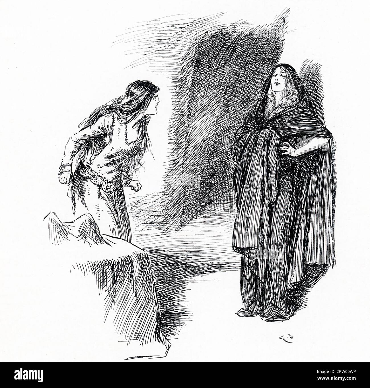 The early 1900s caption reads: 'Gudrun rose and came towards Brynhild.' In Norse mythology, Gudrun was the wife of the great hero Sigurd. n the Scandinavian ‘Volsunga Saga’, and the Icelandic ‘Poetic (or Younger) Edda’ and ‘Prose (or Elder) Edda’. The hero Sigurd came to King Giuki’s court after braving the wall of flames surrounding the warrior-maiden Brynhild, with whom he fell in love. In the course of an argument between Gudrun and Brynhild, Brynhild realized she had been wedded to Gunnar by deception, and in her rage sought Sigurd’s death. Stock Photo