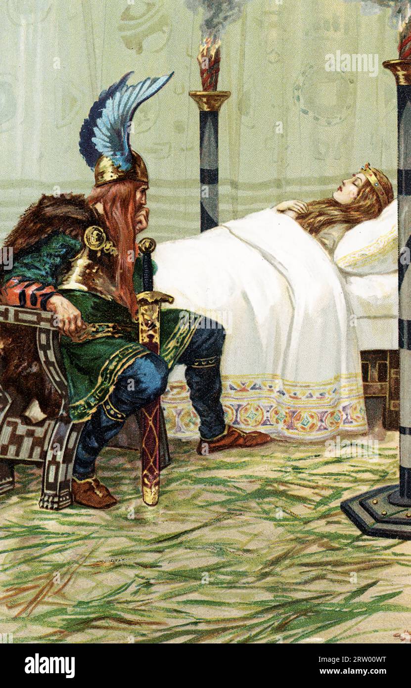 The early 1900s caption reads: "Harold sat by her side and watched her." The image shows Harald Hairfair and Snowfair." Harald Fairhair (c. 850 – c. 932) was a Norwegian king. According to traditions current in Norway and Iceland in the eleventh and twelfth centuries, he reigned from c. 872 to 930 and was the first King of Norway. His sons, Eric Bloodaxe and Haakon the Good, succeeded him. Harald married Snowfair, daughter of Swasi. When Snowfair died, she did not change, and as red and white she was as when she was alive; and the king sat ever by her (as seen here) and thought in his heart th Stock Photo