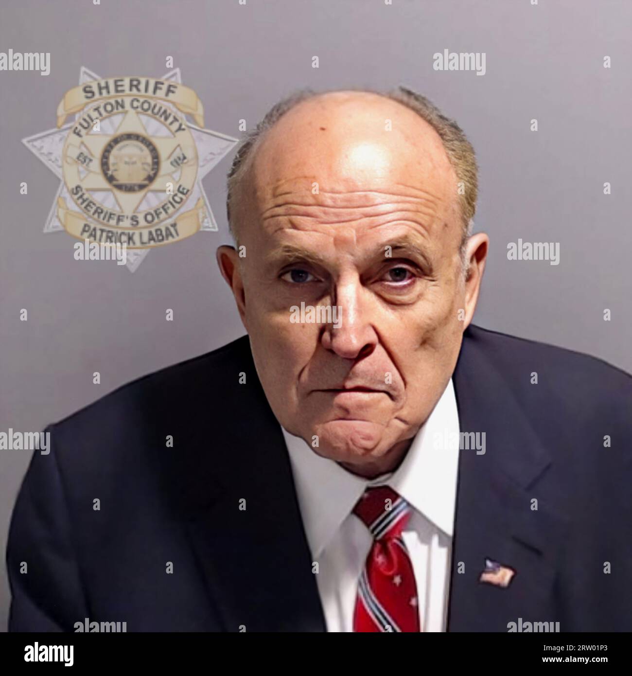 2023 , 23 august , Atlanta , Georgia , USA : The Ex-New York Mayor RUDOLPH GIULIANI ( Rudy , born 1944 ) mugshot . Giuliani was arrested with Ex 45Th President of United States  DONALD John TRUMP . The mugshot was released after arrest in Atlanta , FULTON COUNTY Patrick Labat SHERIFF OFFICE . Trump on charges of plotting to overturn the State's 2020 Election results in an arrest that saw the first ever mugshot of a former US president . Also Giuliani was indicted in the prosecution related to the 2020 election in Georgia , along with 18 other people . Unknown photographer . - MUG SHOT - MUGSHO Stock Photo