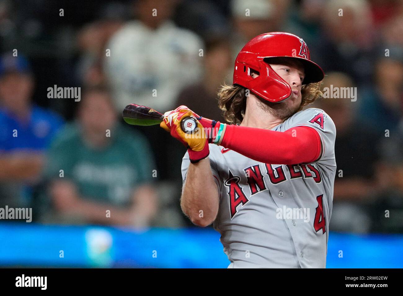 Los Angeles Angels' Brett Phillips (8) warms up before a spring training  baseball game against the San Francisco Giants in Scottsdale, Ariz.,  Sunday, March 19, 2023. (AP Photo/Ashley Landis Stock Photo - Alamy