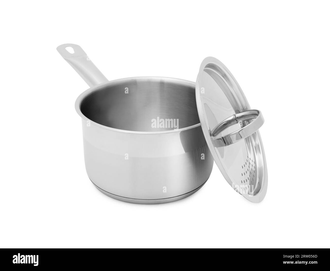 One steel saucepan with strainer lid isolated on white Stock Photo Alamy