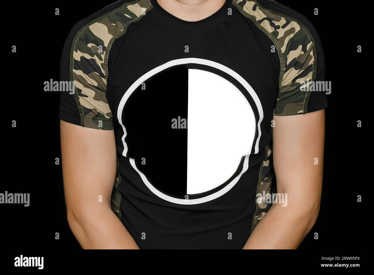 Yin and yang sign symbol black and white contrast round circle on the T-shirt for text and design blank space empty background. Stock Photo