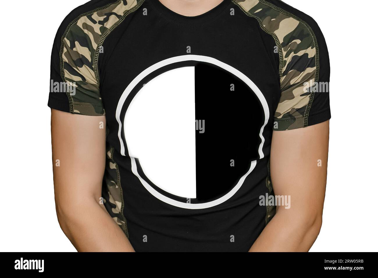 Yin and yang sign symbol black and white contrast round circle on the T-shirt for text and design blank space empty background. Stock Photo