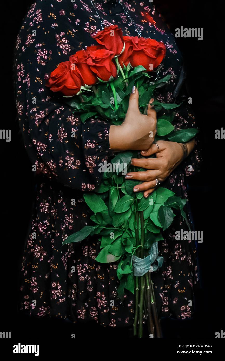 A woman in a dark dress with patterns holds long large red rose flowers ...