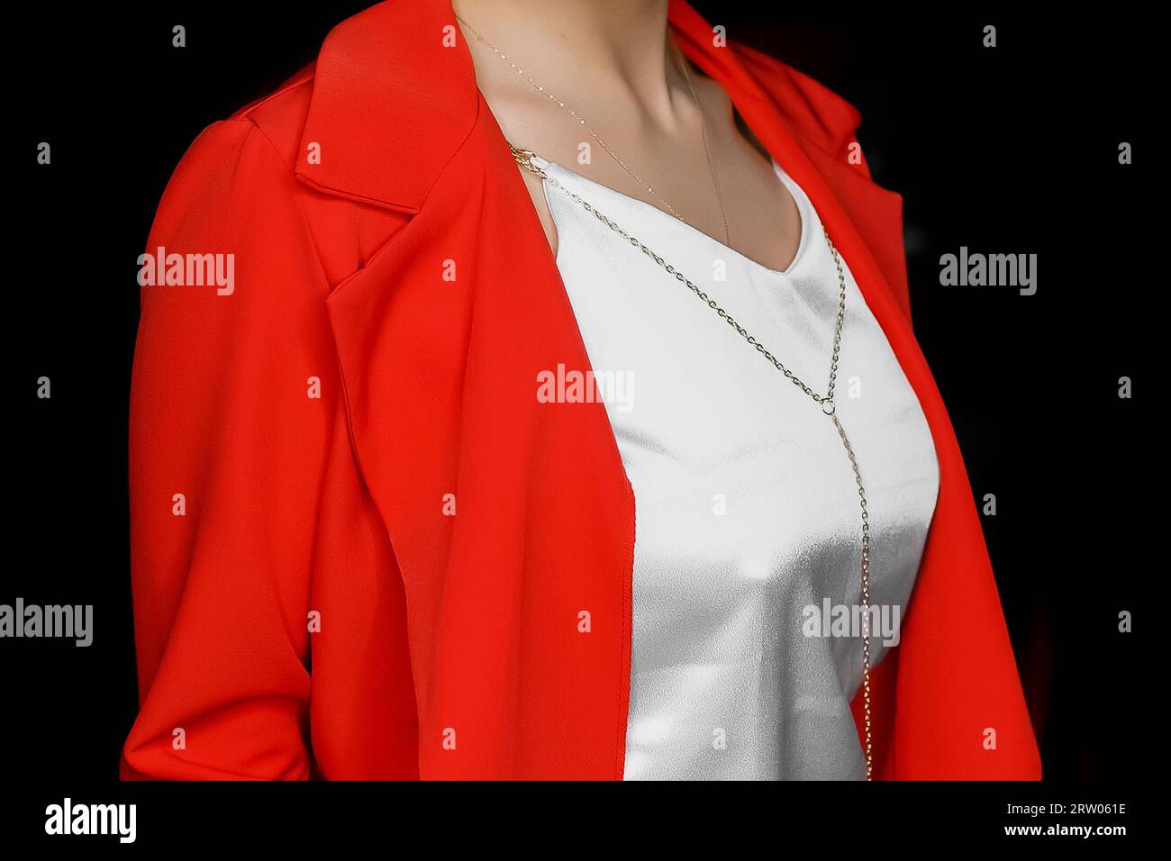 Stylish fashionable girl posing in a white T-shirt and a red jacket on a isolated black background. Stock Photo