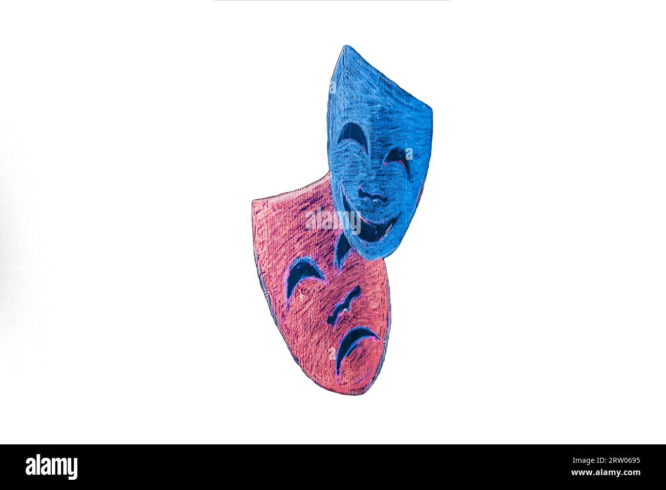 Masks show 2 colored masks sad and cheerful in the white isolated background. Stock Photo