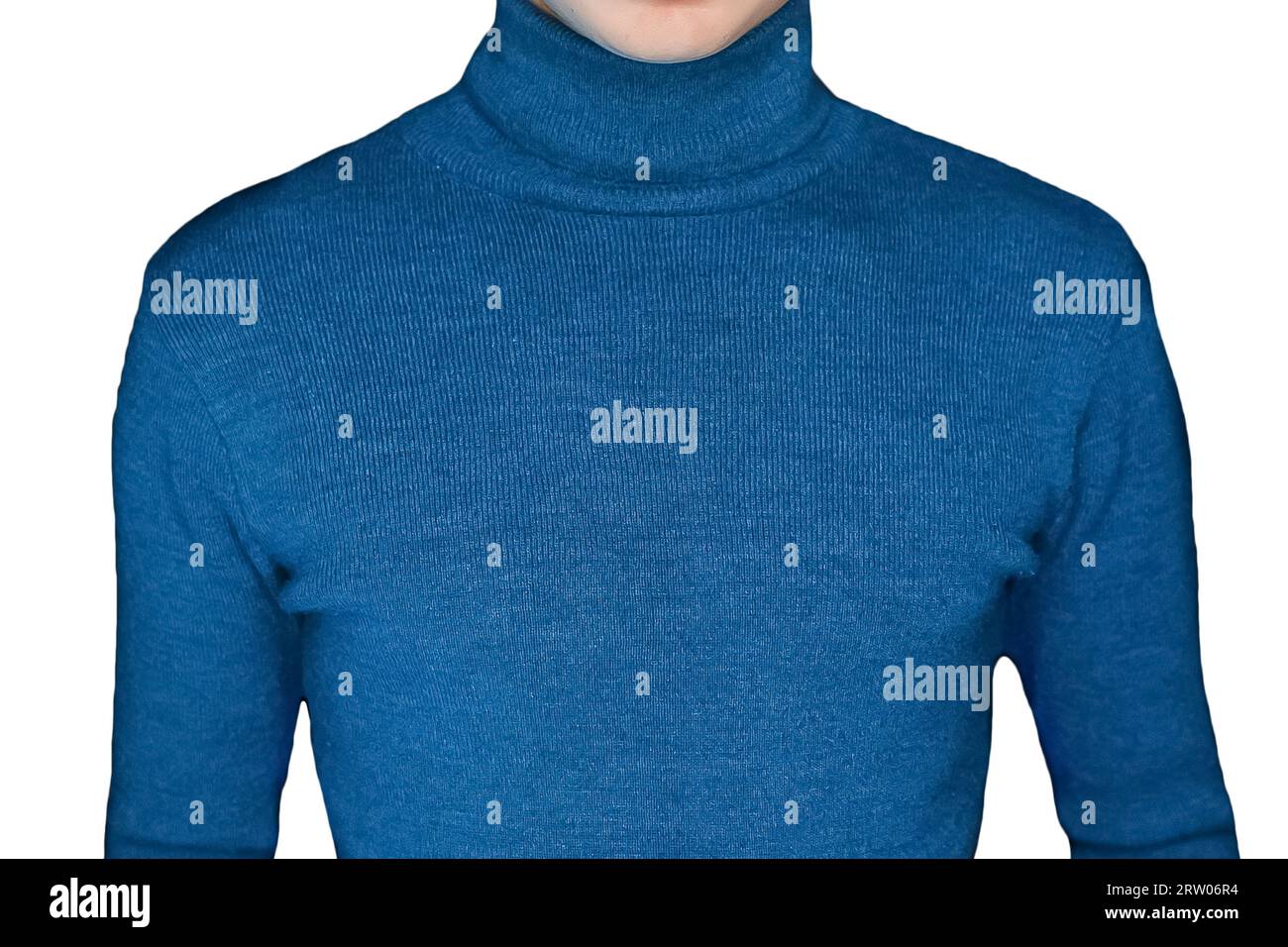 Skinny guy in blue turtleneck men's style of clothing on the white isolated background, close up. Stock Photo