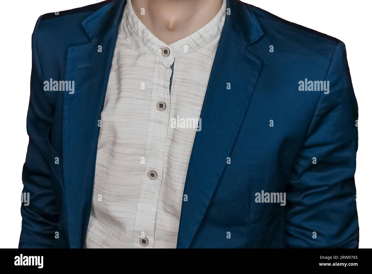 Men's business style clothing fashion vintage light shirt and blue jacket on white background isolated, close up. Stock Photo