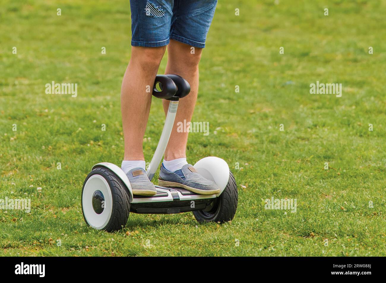 The legs of an adult man stand on a hoverboard against the background of grass in the park. Stock Photo