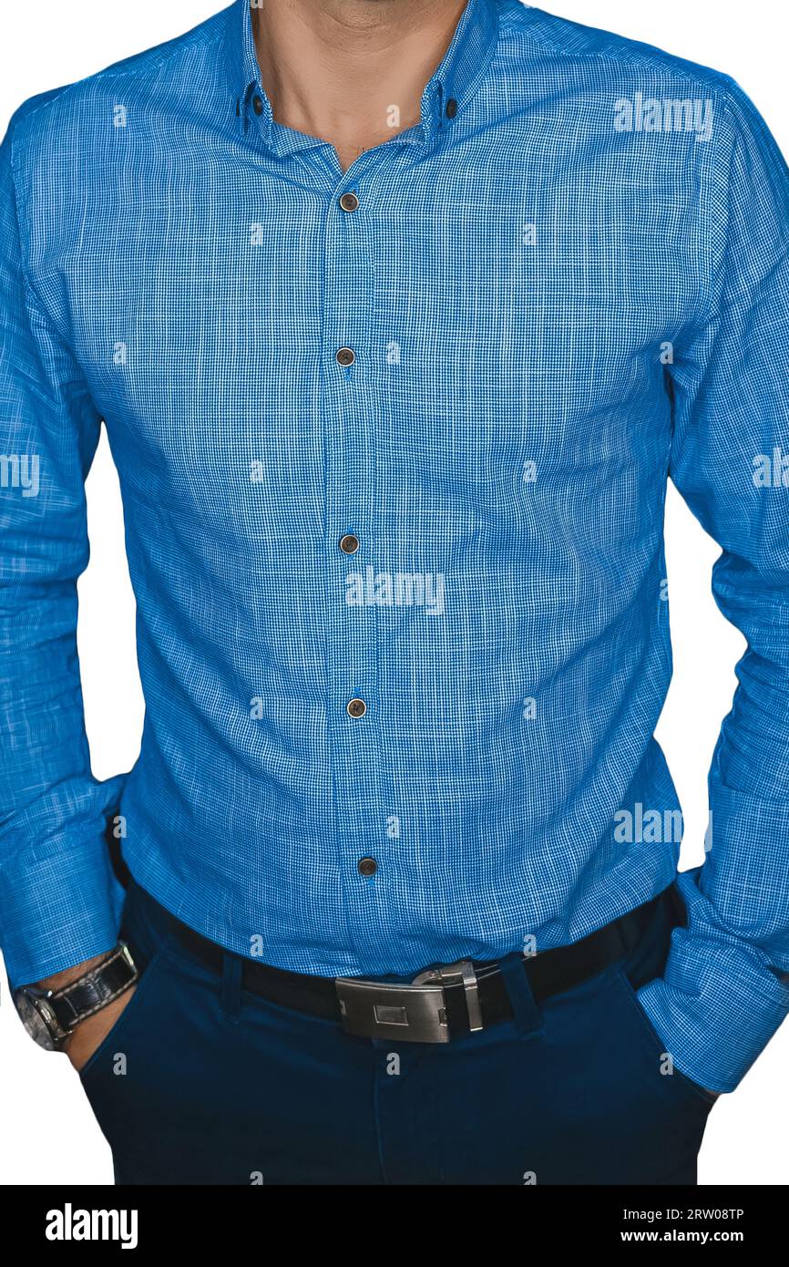 Close-up blue linen shirt men's business style clothing hands in pockets on white isolated background. Stock Photo