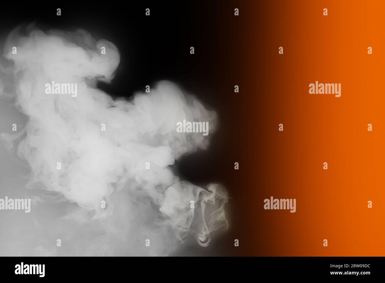 White smoke smoker cloud from hookah on black background with orange color light. Stock Photo