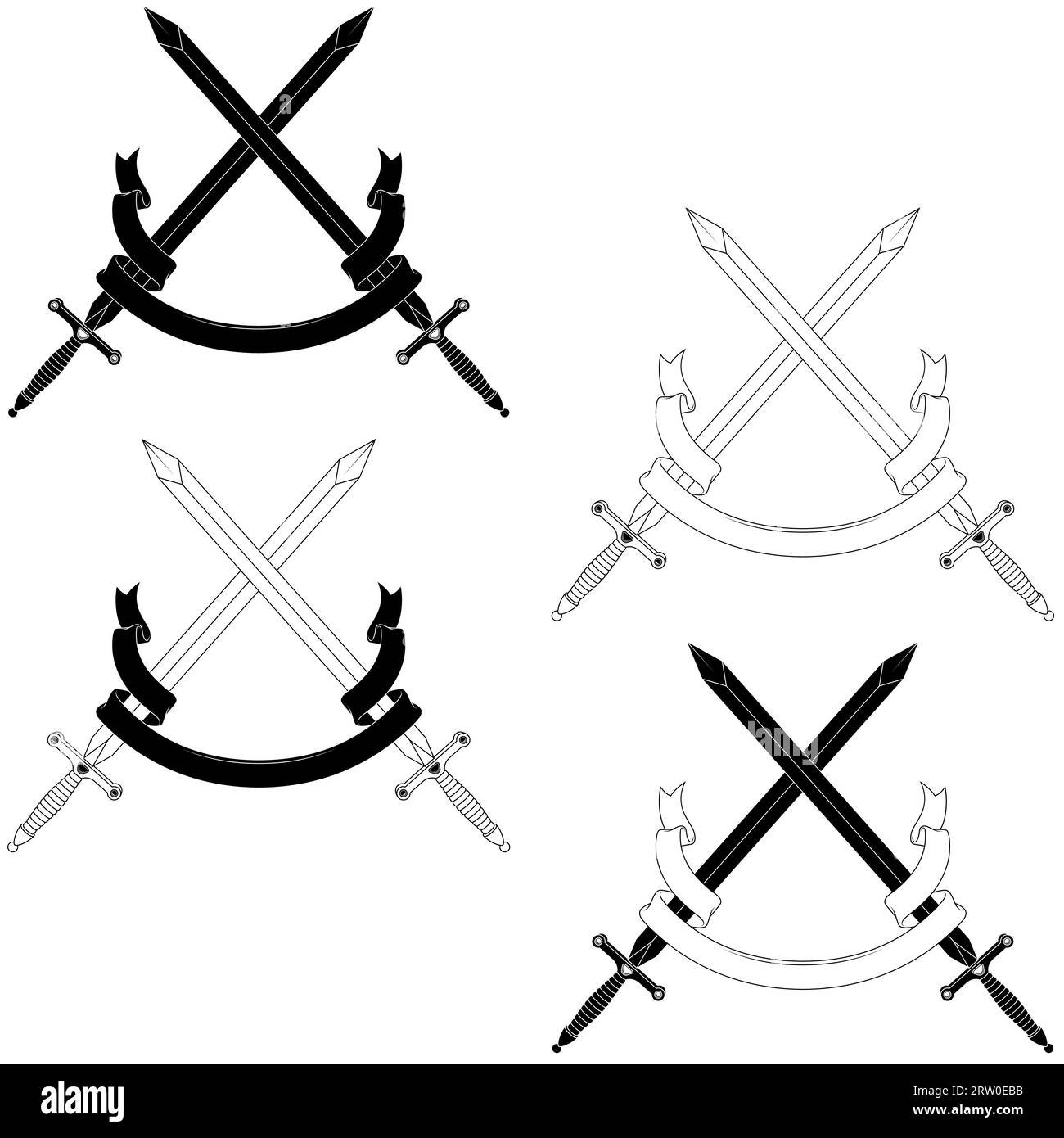European medieval sword vector design, Medieval swords encircled with heraldic ribbon Stock Vector