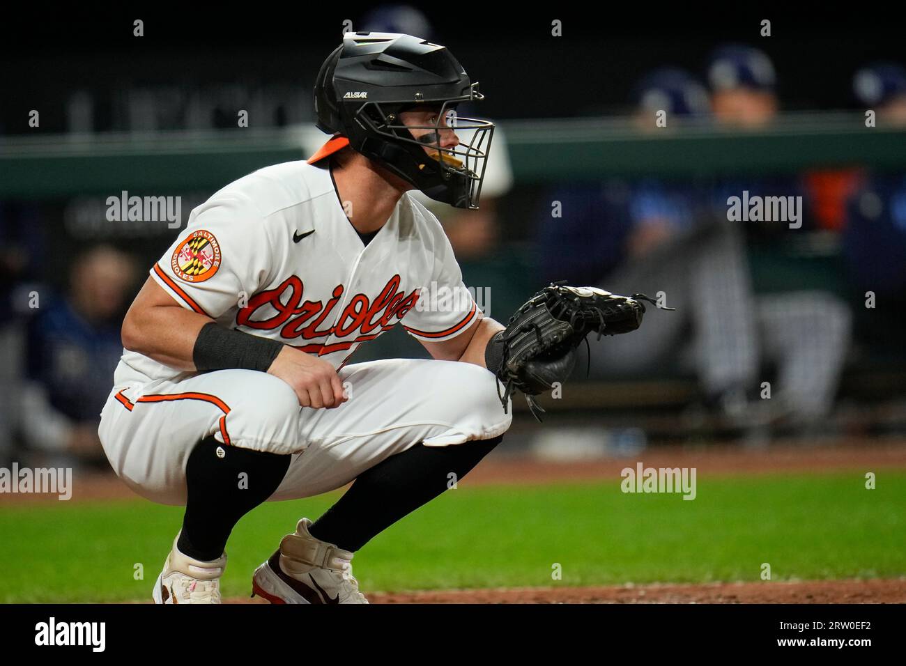 Baltimore Orioles catcher James McCann warms up in the sixth inning of