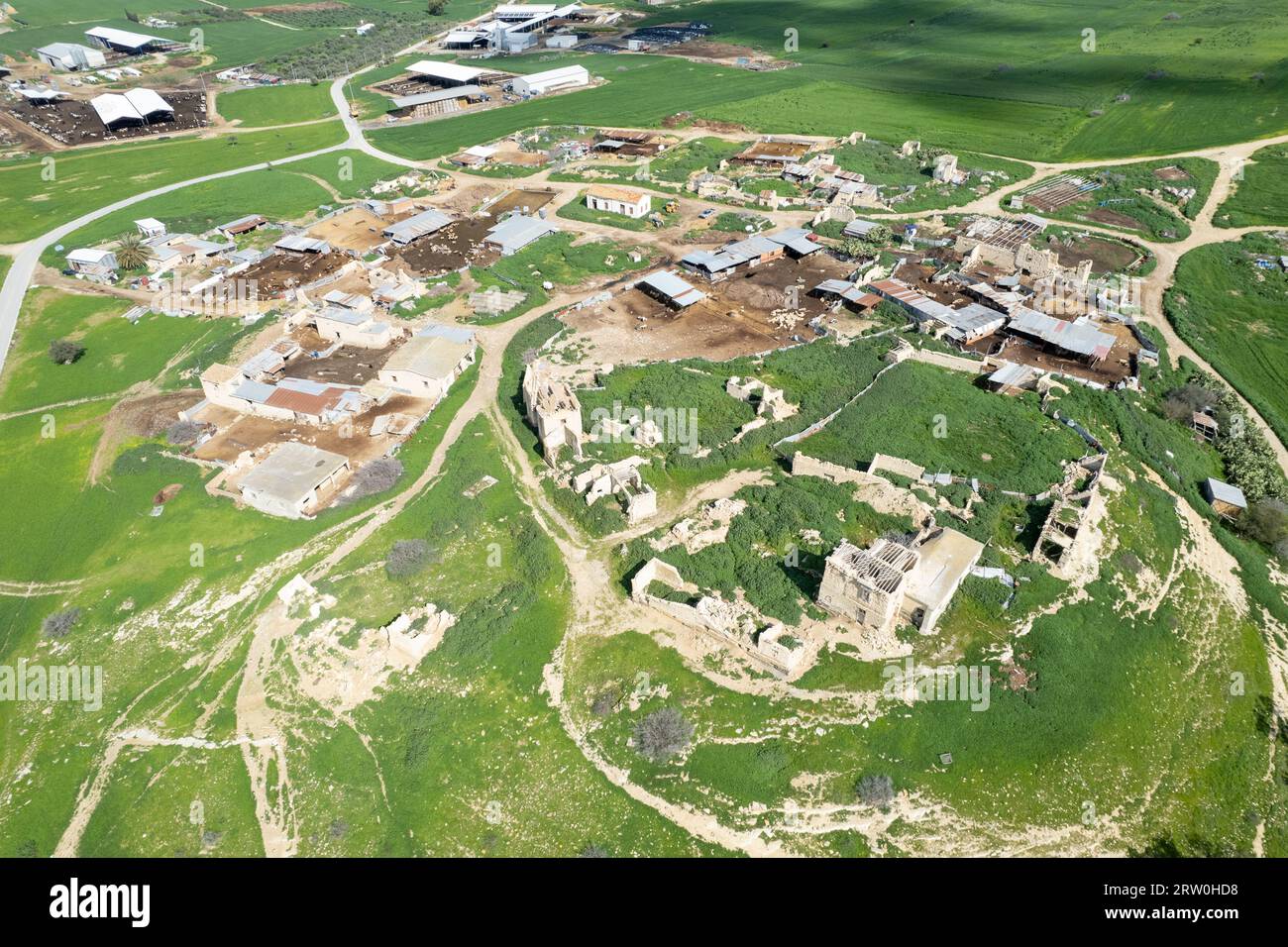 Drone aerial view of an abandoned deserted village. Ruins of deserted ...
