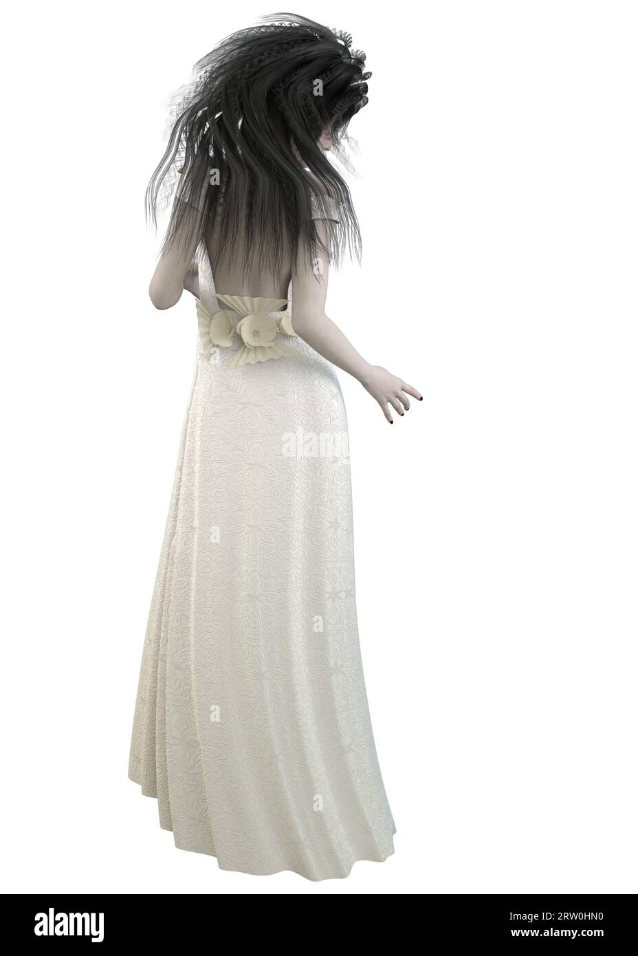 Gothic ghost woman with long black hair wears white gown, 3D Illustration. Stock Photo