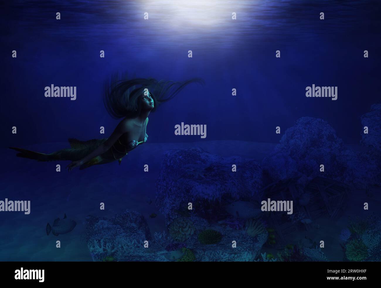 Dark underwater scene with coral reef and mermaid, 3D Illustration. Stock Photo