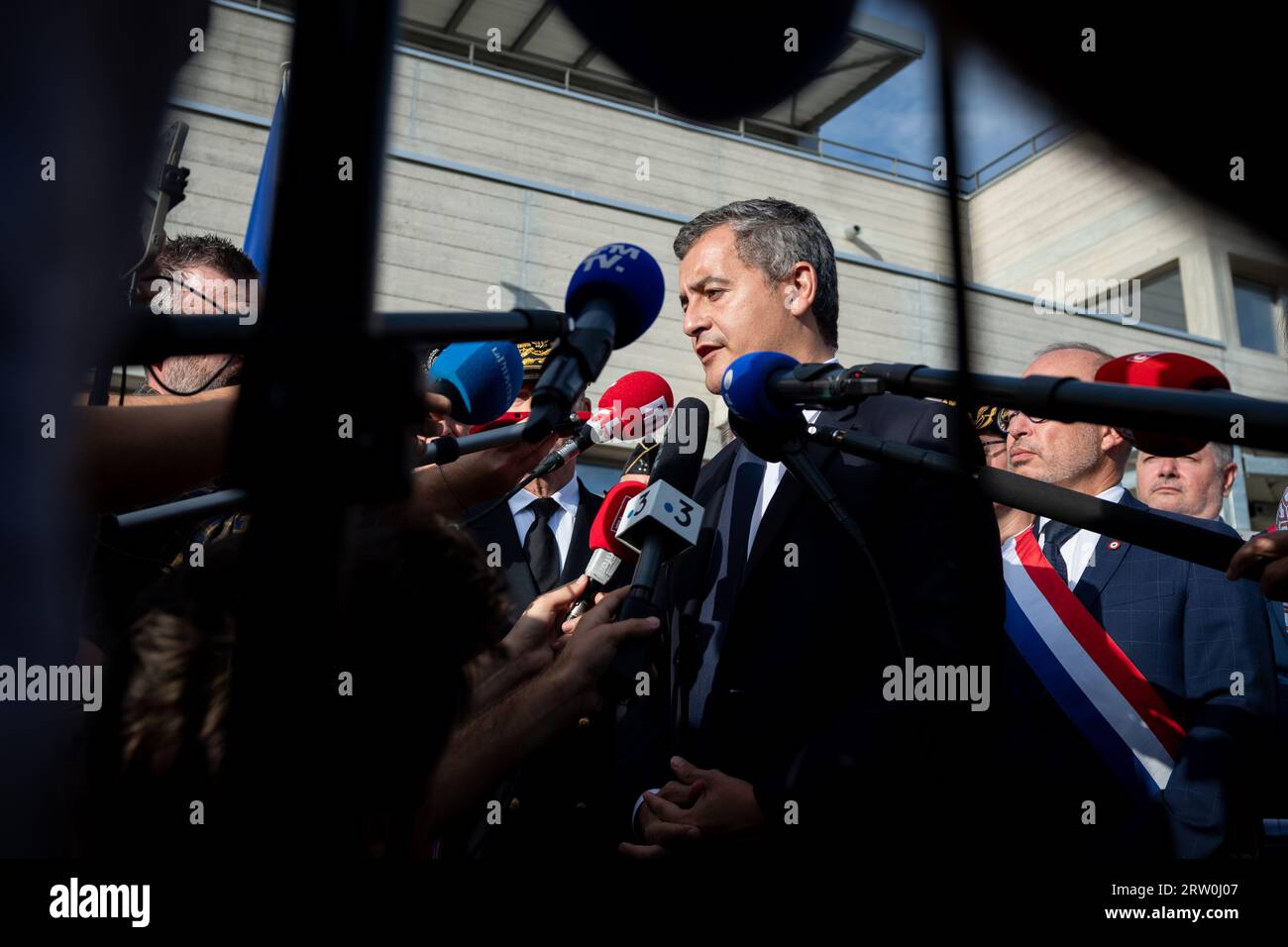 Marseille, France. 12th Sep, 2023. Gerald Darmanin talks to the press. Gerald Darmanin, French Minister for the Interior and Overseas Territories, inaugurates the RAID police section new buildings in Marseille. Credit: SOPA Images Limited/Alamy Live News Stock Photo