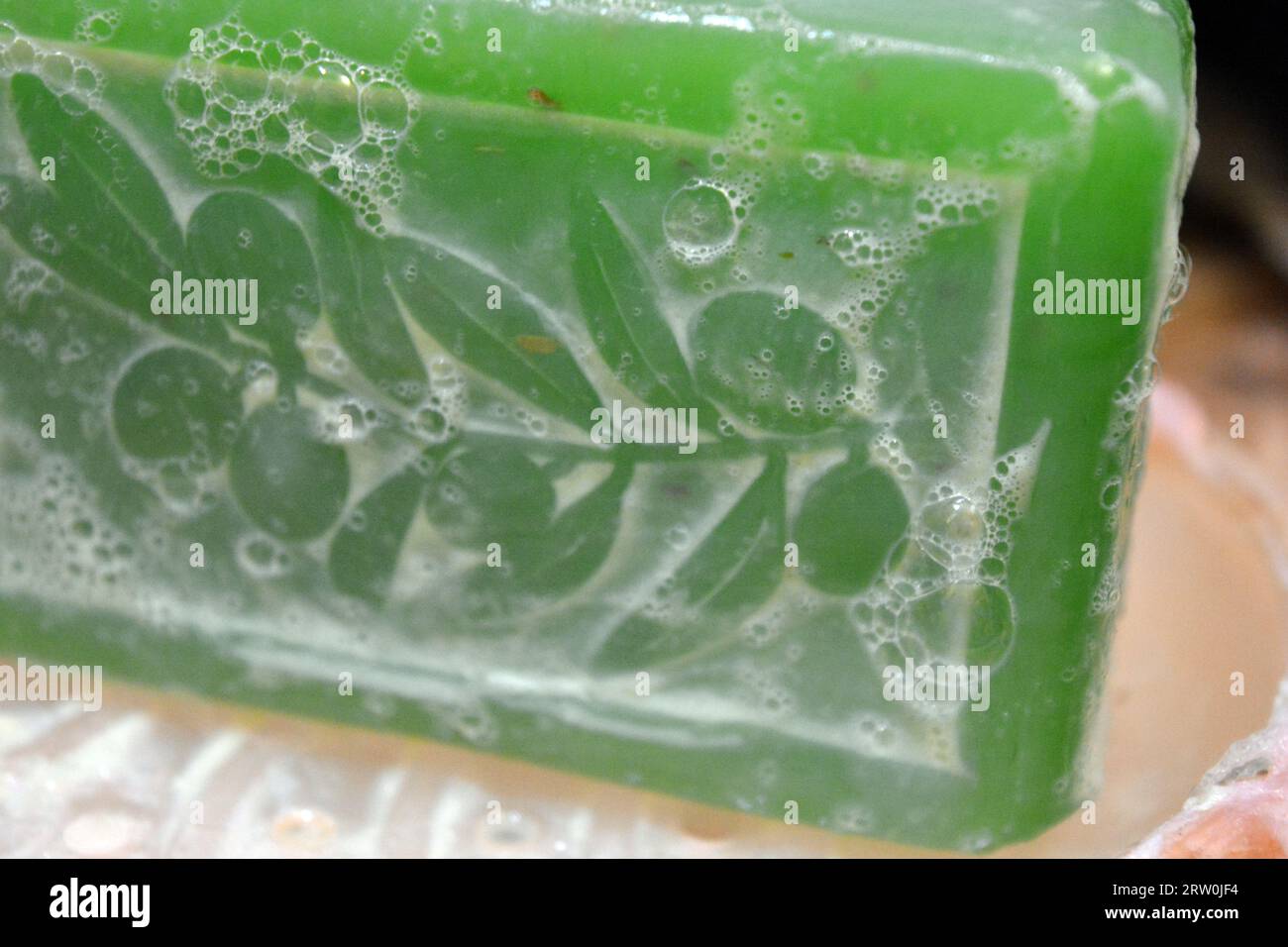 Large green soap with pattern and white foam Stock Photo - Alamy