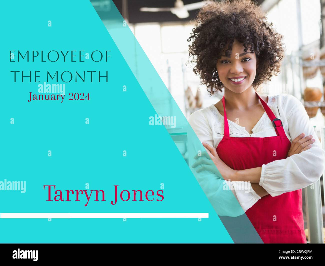 Employee of the month text with name and date on blue over smiling