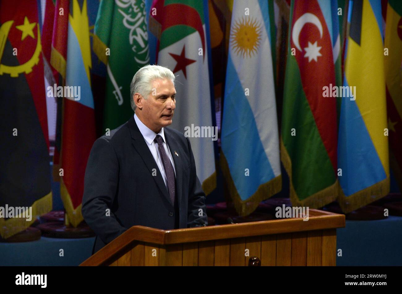 Havana, Cuba. 15th Sep, 2023. Cuban President Miguel Diaz-Canel addresses the Summit of the Group of 77 (G77) and China in Havana, Cuba, Sept. 15, 2023. The Summit of the G77 and China kicked off at the Palace of Conventions in Havana on Friday. Credit: Joaquin Hernandez/Xinhua/Alamy Live News Stock Photo