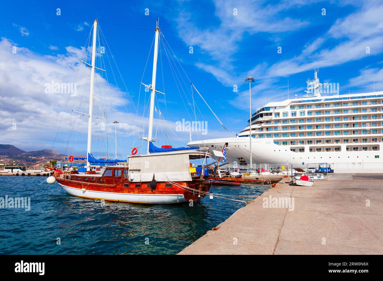 Agios, Hagios or Aghios Nikolaos is a coastal city on the island of Crete in Greece. Stock Photo