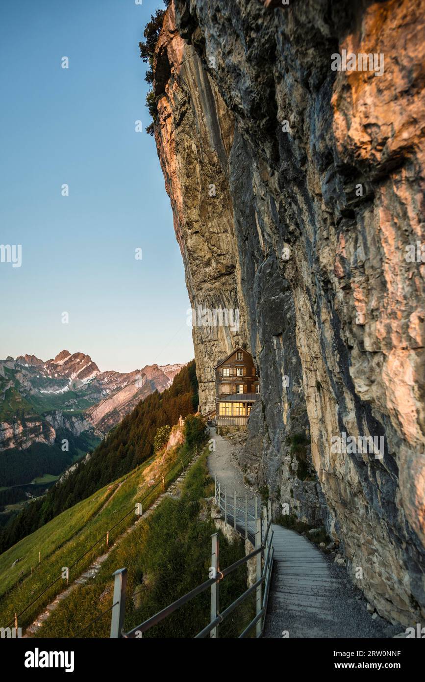 Aescher-Wildkirchli mountain inn, sunrise, below Ebenalp, Weissbad, Alpstein, Canton Appenzell Innerrhoden, Switzerland Stock Photo