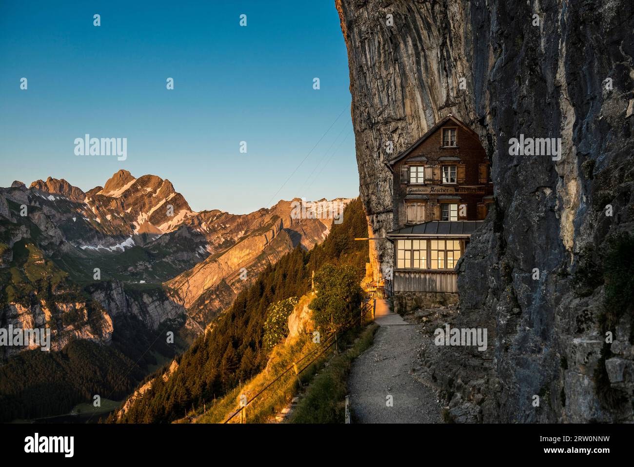 Aescher-Wildkirchli mountain inn, sunrise, below Ebenalp, Weissbad, Alpstein, Canton Appenzell Innerrhoden, Switzerland Stock Photo