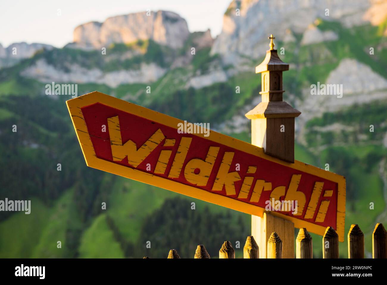 Signpost, Wildkirchli, below Ebenalp, Weissbad, Alpstein, Canton Appenzell Innerrhoden, Switzerland Stock Photo