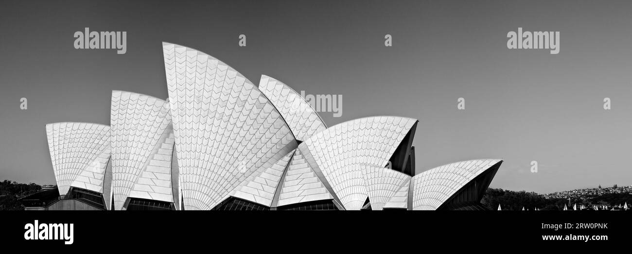 Wide angle panoramic artistic view of the Sydney Opera House in Black ...