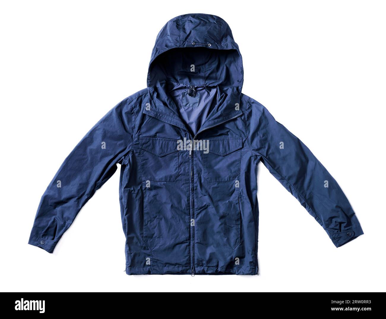 Men's dark blue hooded windproof jacket isolated on white with natural shadows Stock Photo