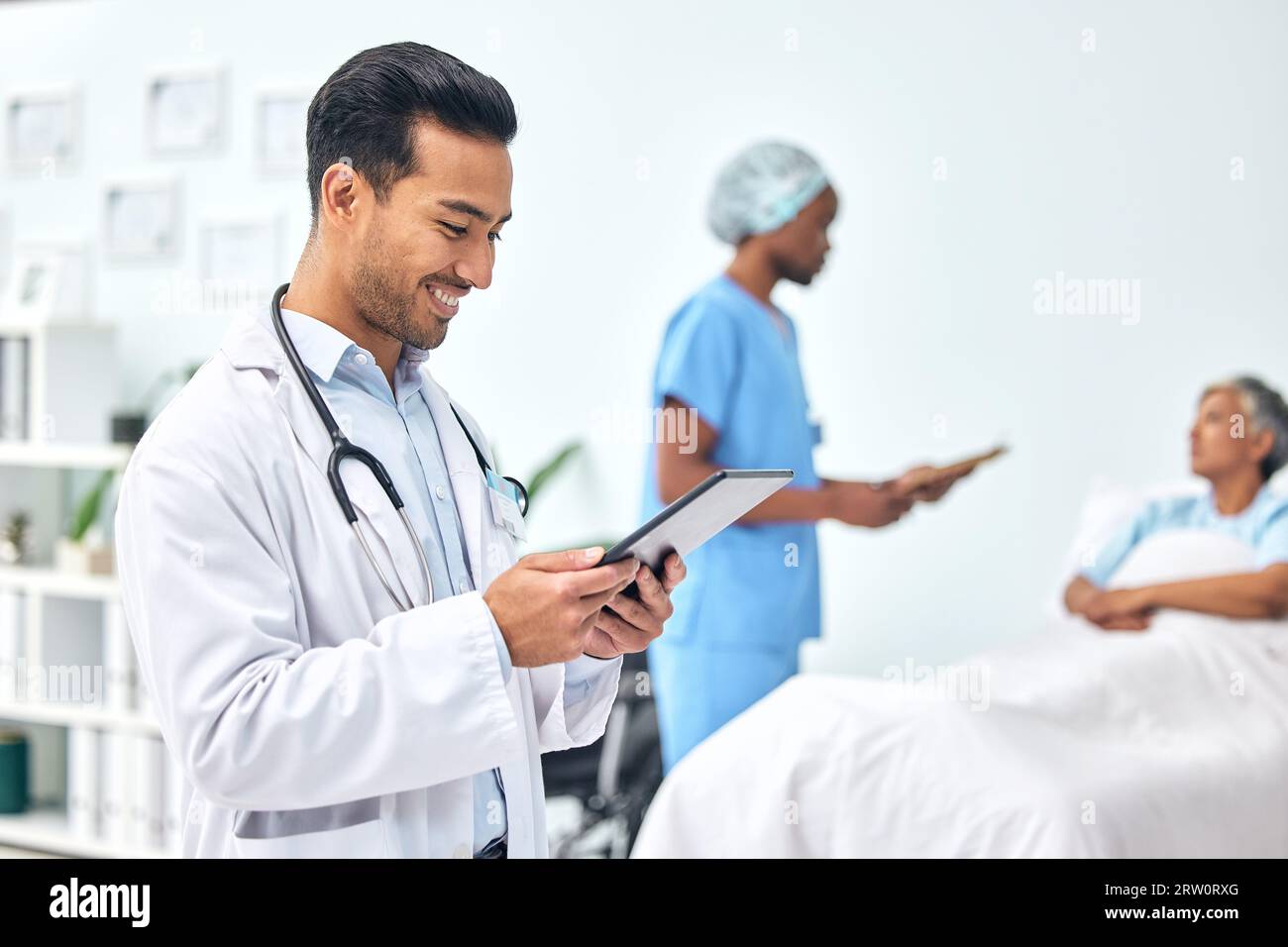Doctor Using Checklist Doctor with tablet, chart and woman in bed, nurse with checklist for ...