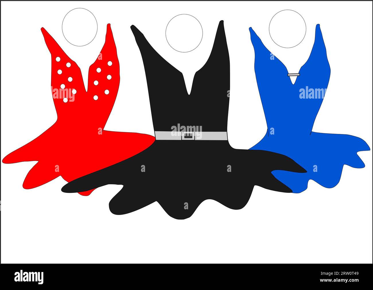 Illustration of three evening dresses in the colours red, black and