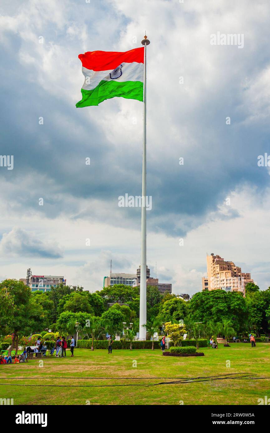 National Flag of India at Central Park in  Connaught Place district in New Delhi, India Stock Photo