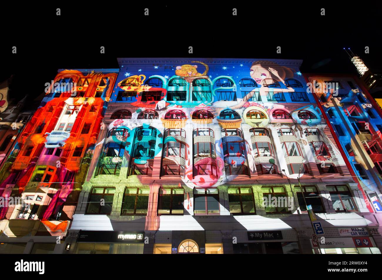 Melbourne, Australia, February 21, Buildings on Flinders St during White Night on February 21st 2015 Stock Photo