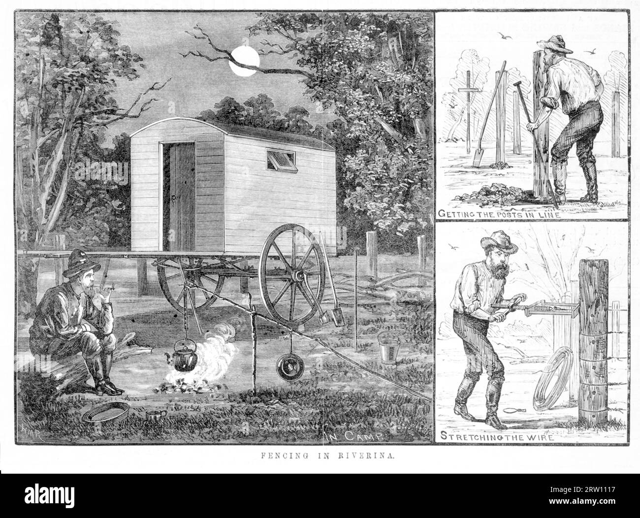 engraving of various tasks while fencing in the Riverina, Australia Stock Photo