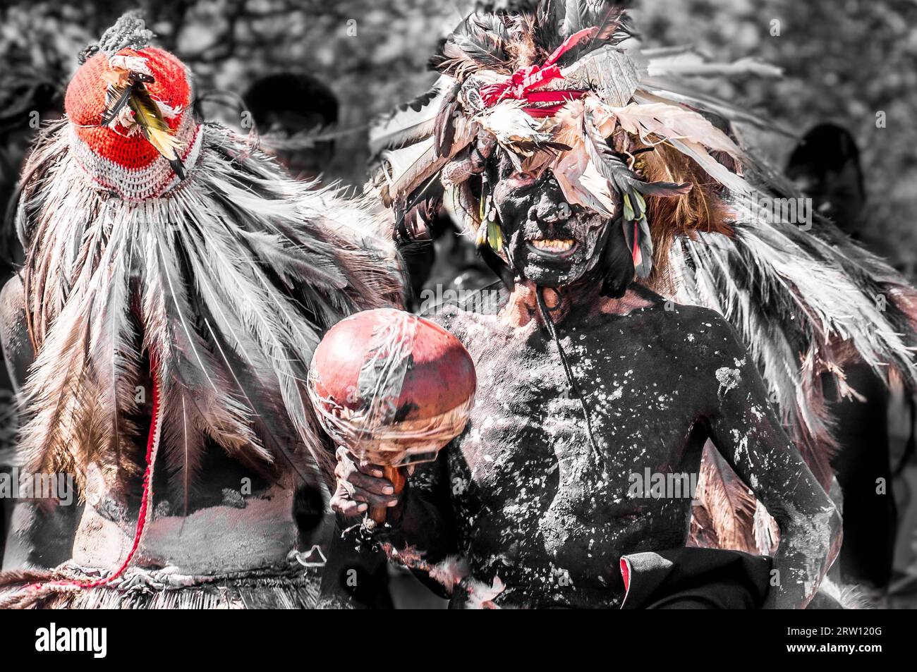 Puerto Pollo, Paraguay on August 8, 2015: Indigenous men perform a traditional ceremony using feathers and black body paint to symbolize a jaguar Stock Photo